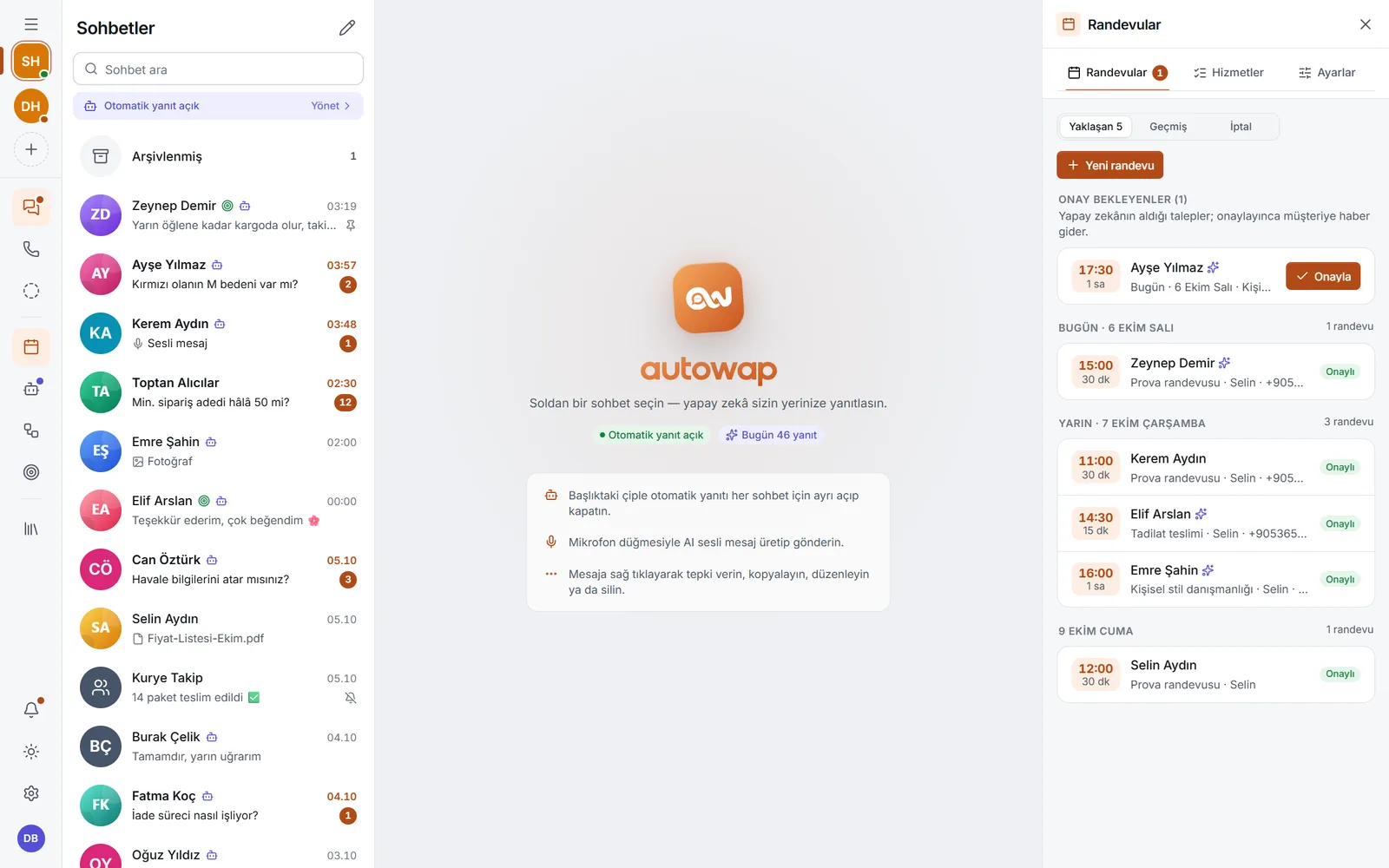 Autowap paneli: Randevular ekranı